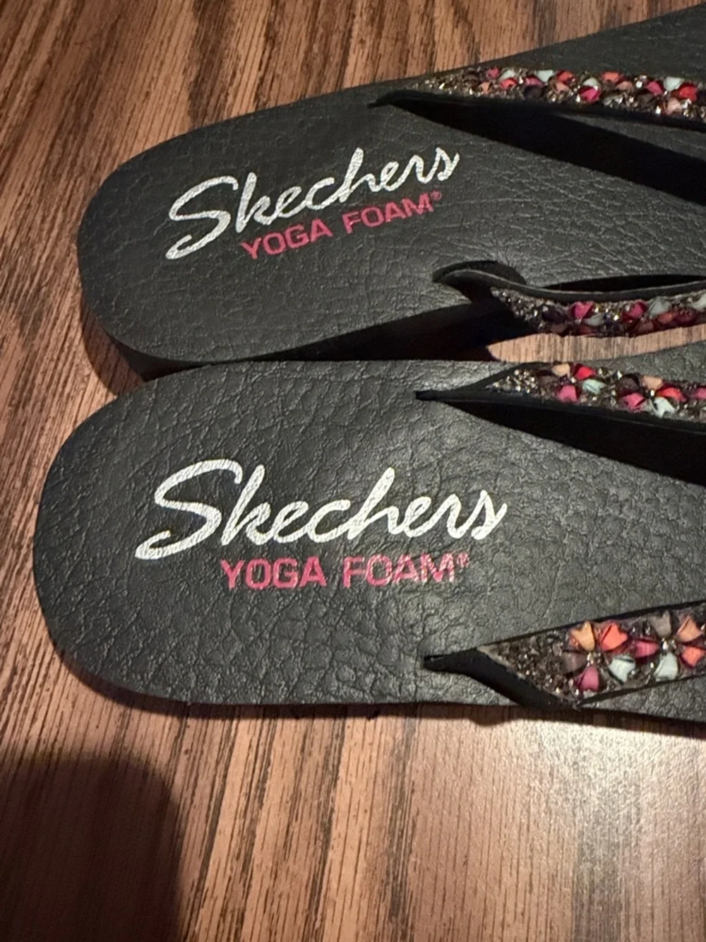Skechers Black Sandals Bejeweled with Pink Blue Green Details